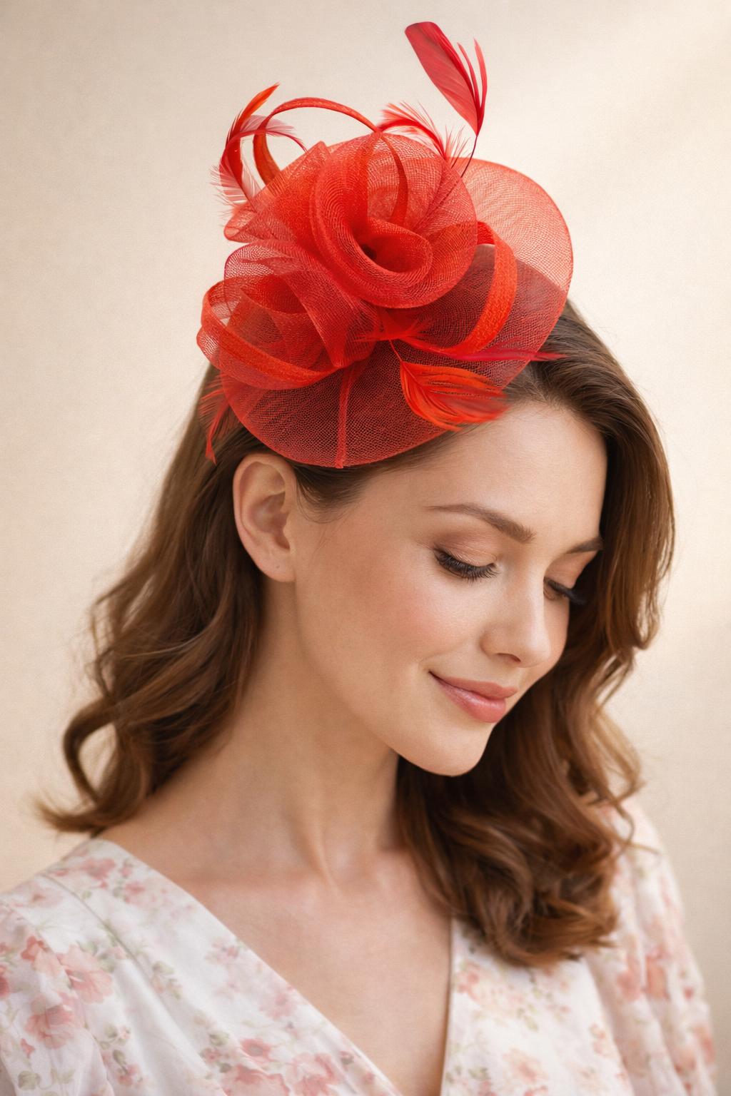 Floral Fascinator with A Wide Base in Red - svnx