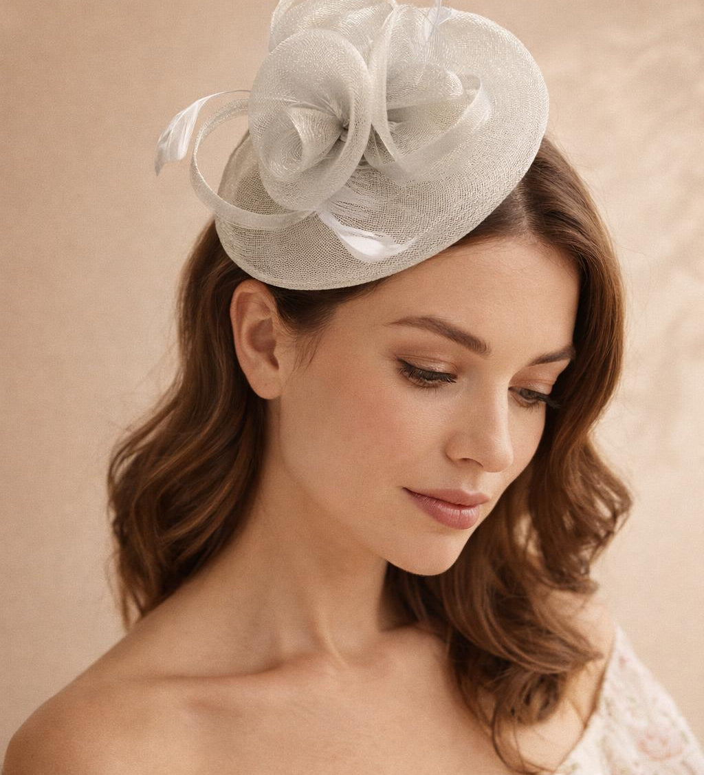 Floral Fascinator with A Wide Base in Light Grey - svnx