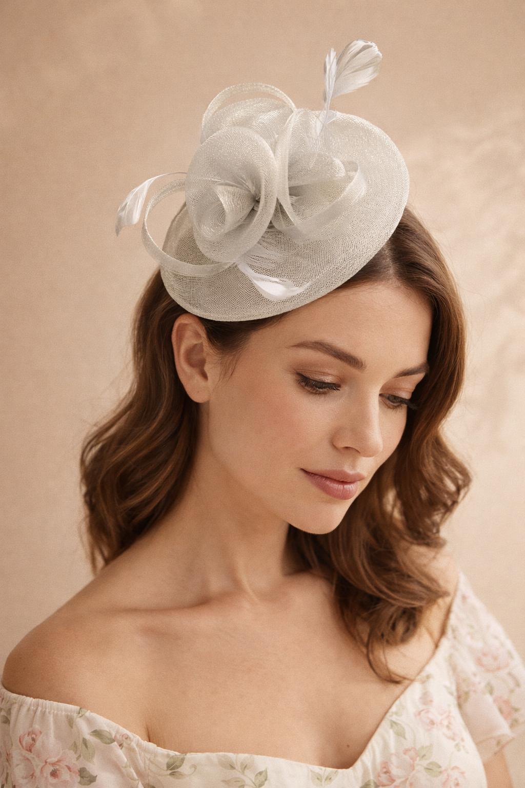 Floral Fascinator with A Wide Base in Light Grey - svnx