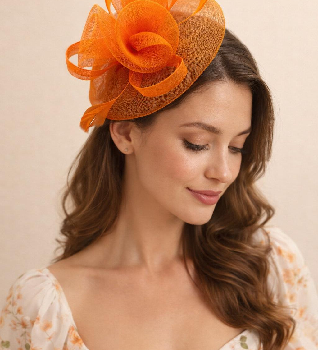 Floral Fascinator with A Wide Base in Orange - svnx