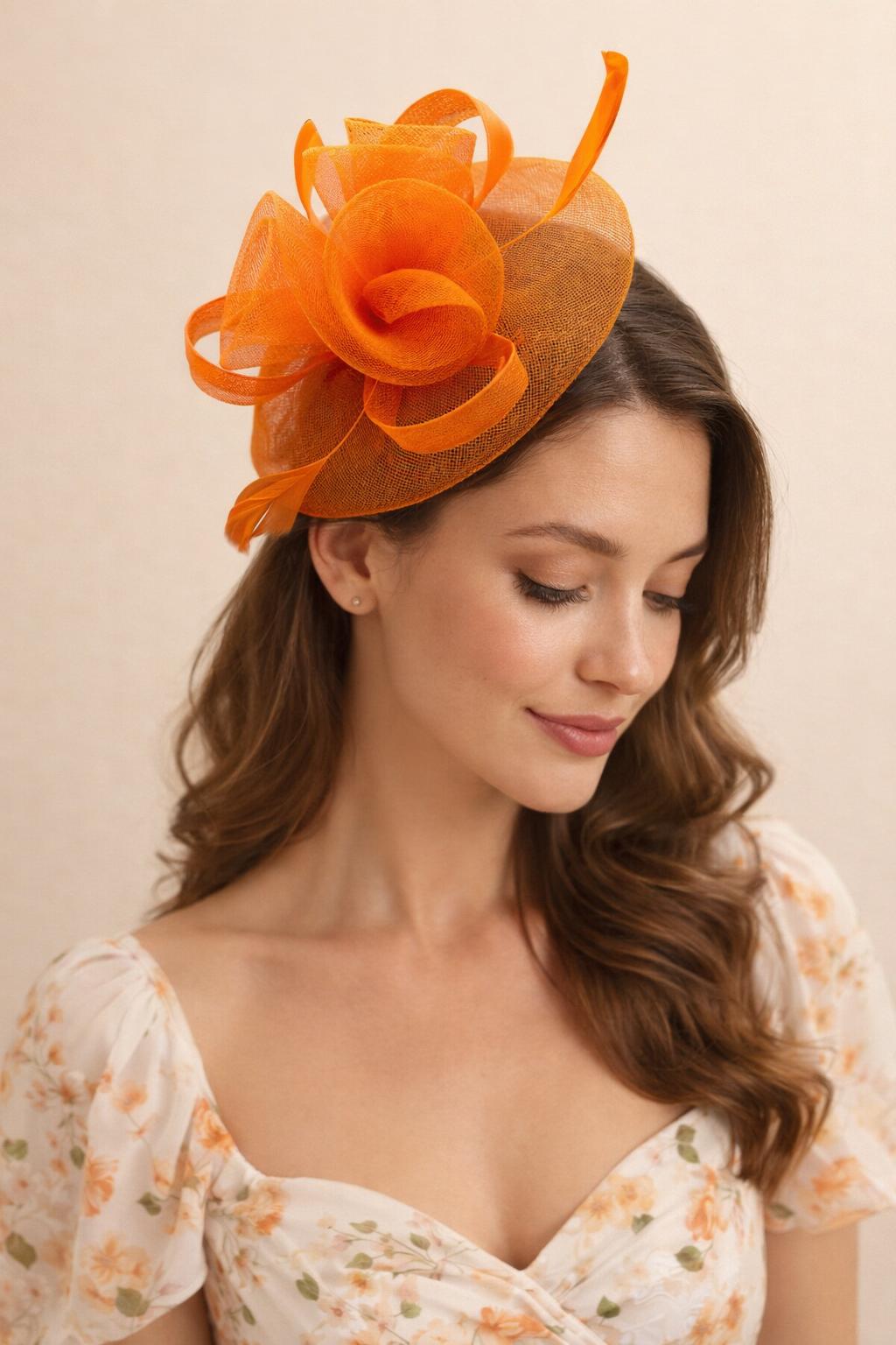 Floral Fascinator with A Wide Base in Orange - svnx