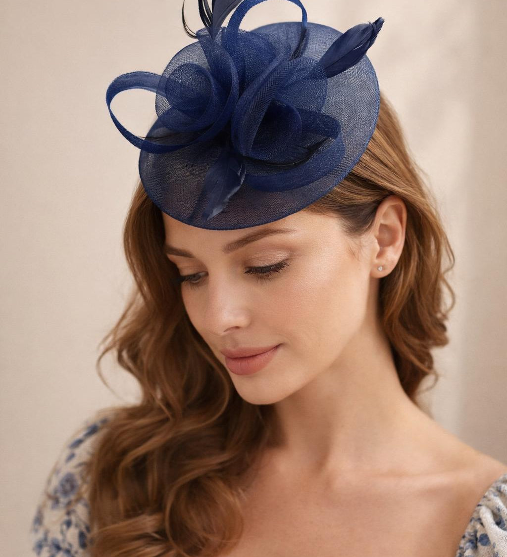 Floral Fascinator with A Wide Base in Navy - svnx
