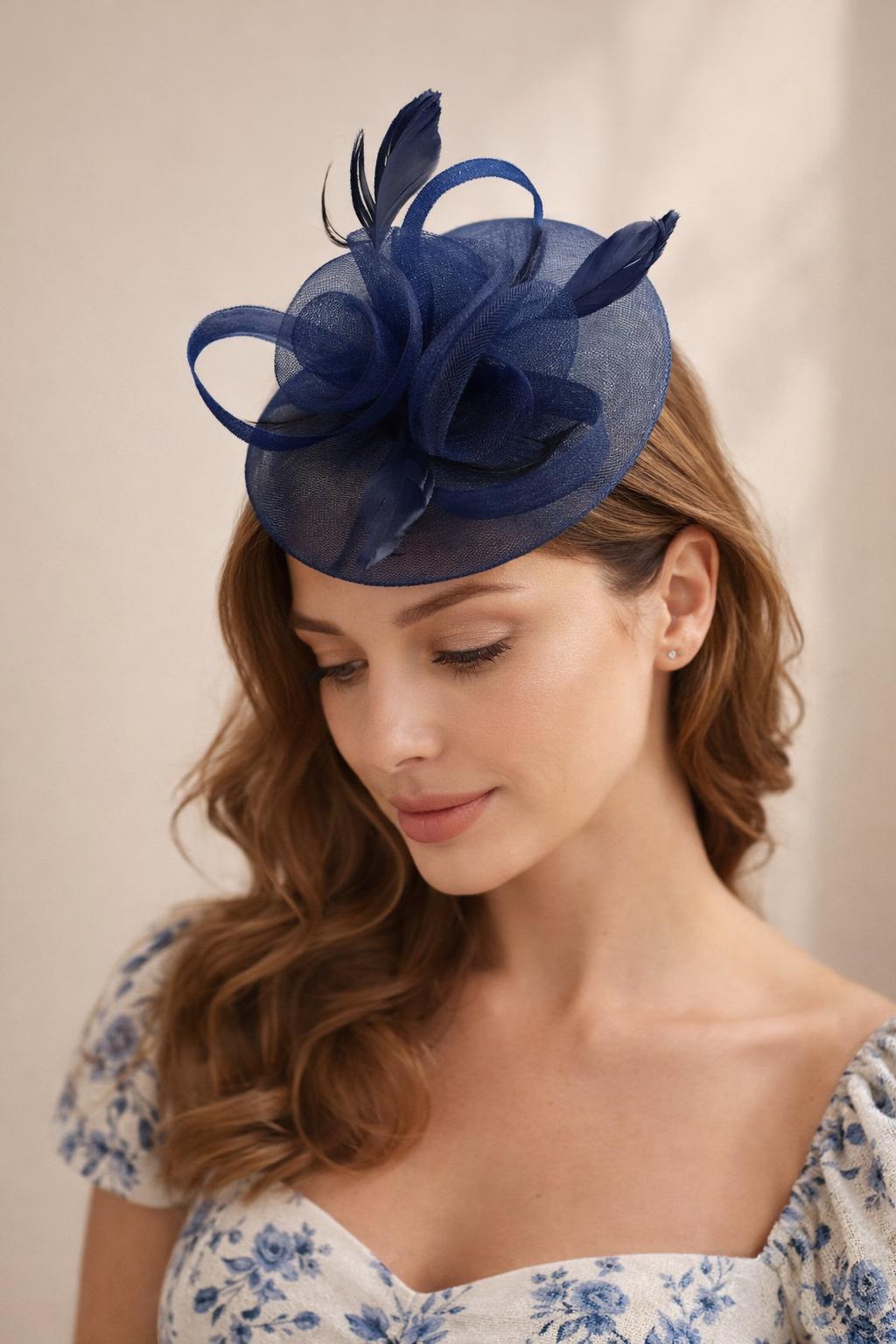 Floral Fascinator with A Wide Base in Navy - svnx