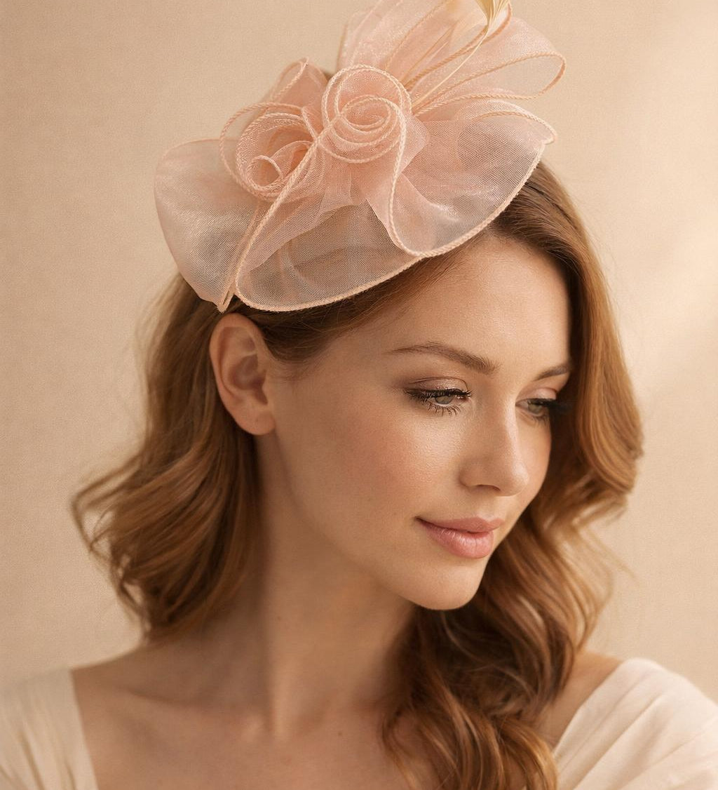 Rose Bouquet with Big Bow & Feather Fascinator in Pink - svnx