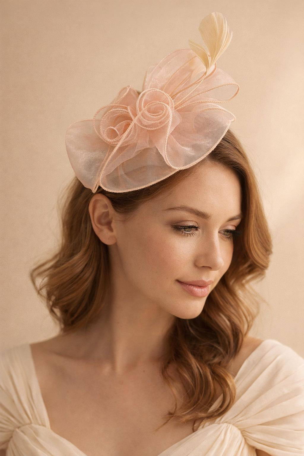 Rose Bouquet with Big Bow & Feather Fascinator in Pink - svnx