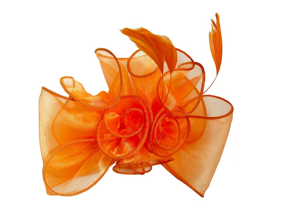 Rose Bouquet with Big Bow & Feather Fascinator in Orange - svnx