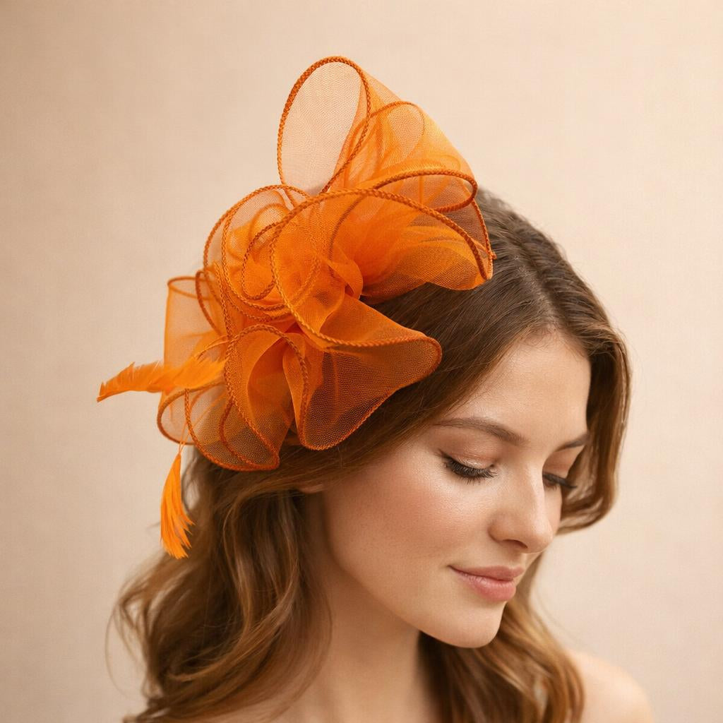 Rose Bouquet with Big Bow & Feather Fascinator in Orange - svnx