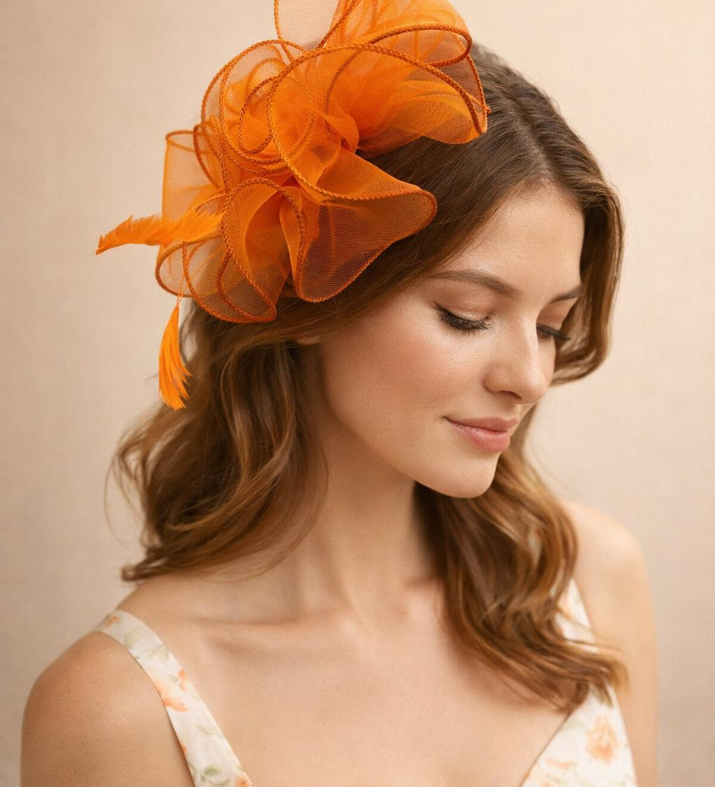 Rose Bouquet with Big Bow & Feather Fascinator in Orange - svnx