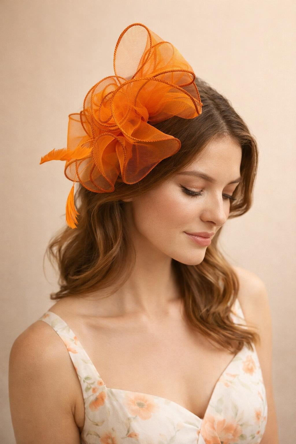 Rose Bouquet with Big Bow & Feather Fascinator in Orange - svnx