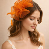 Rose Bouquet with Big Bow & Feather Fascinator in Orange - svnx