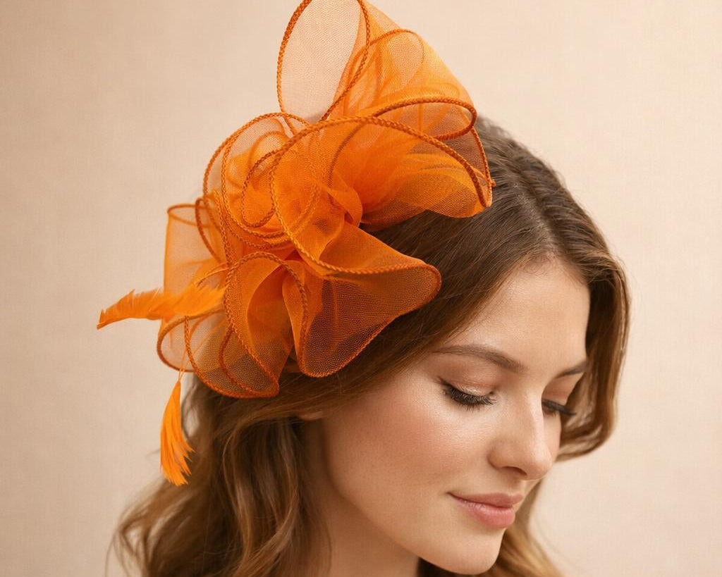 Rose Bouquet with Big Bow & Feather Fascinator in Orange - svnx