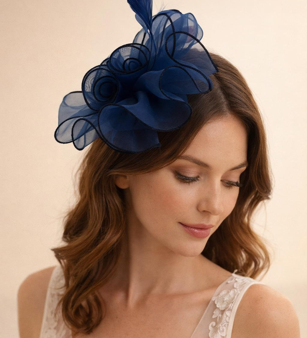 Rose Bouquet with Big Bow & Feather Fascinator in Navy - svnx
