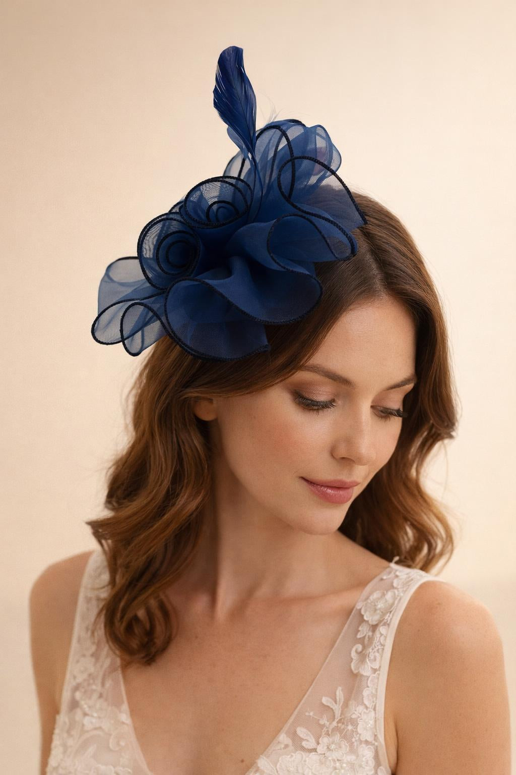 Rose Bouquet with Big Bow & Feather Fascinator in Navy - svnx