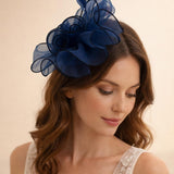 Rose Bouquet with Big Bow & Feather Fascinator in Navy - svnx
