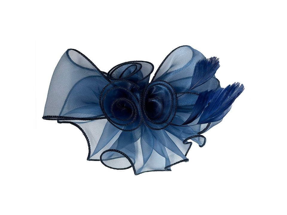 Rose Bouquet with Big Bow & Feather Fascinator in Navy - svnx