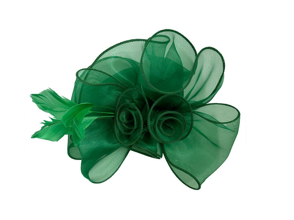 Rose Bouquet with Big Bow & Feather Fascinator in Dark Green - svnx