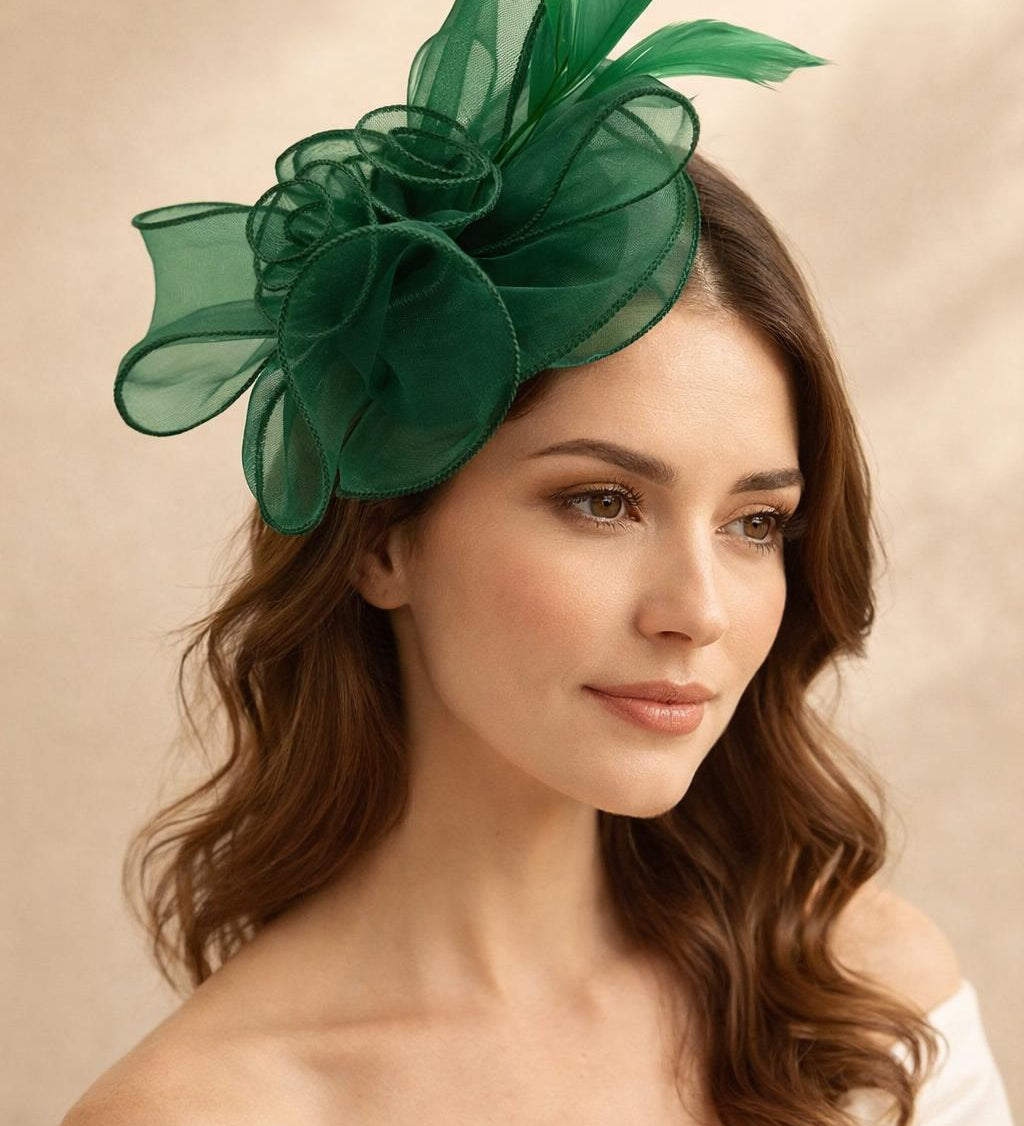 Rose Bouquet with Big Bow & Feather Fascinator in Dark Green - svnx