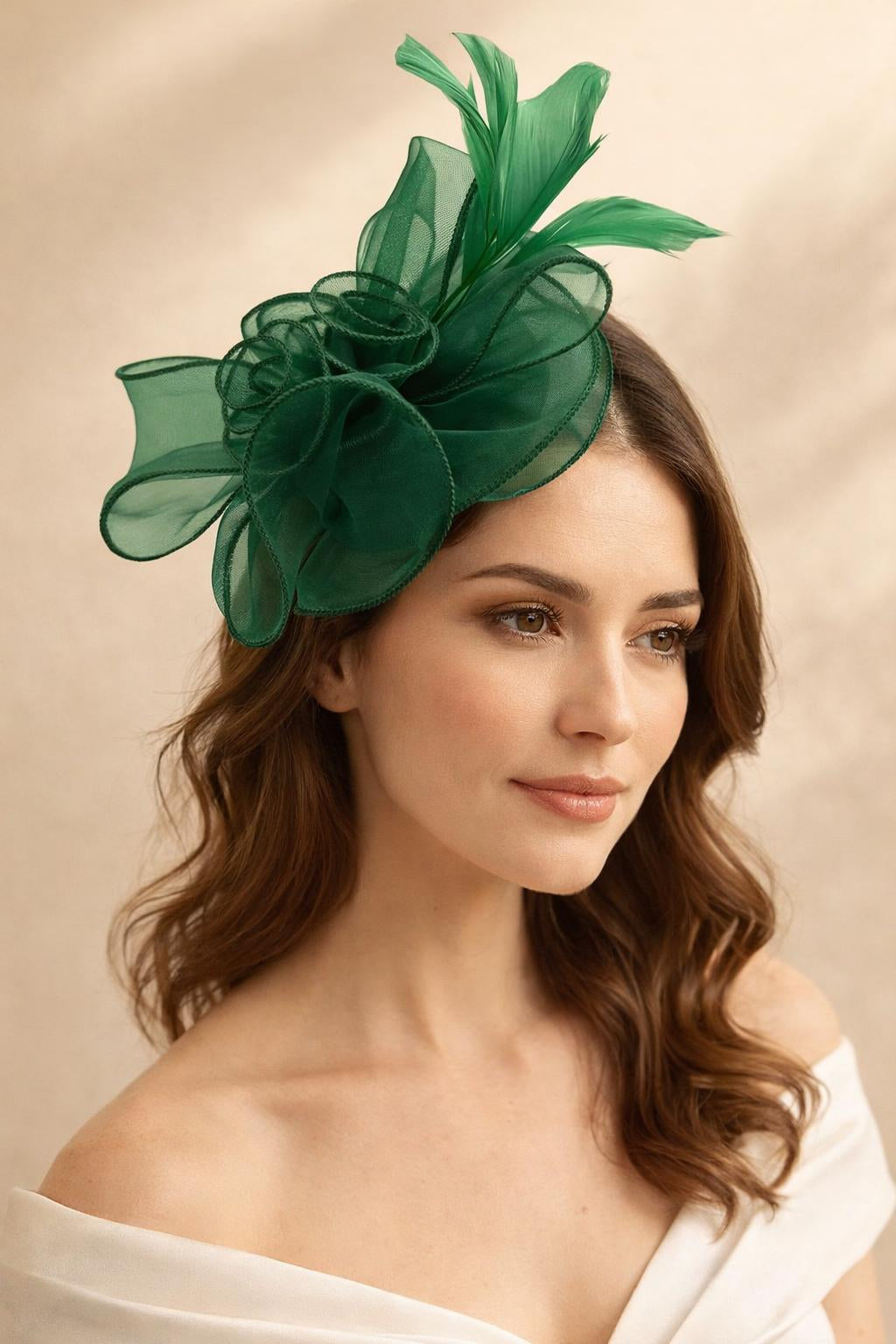Rose Bouquet with Big Bow & Feather Fascinator in Dark Green - svnx
