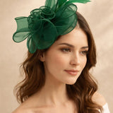 Rose Bouquet with Big Bow & Feather Fascinator in Dark Green - svnx