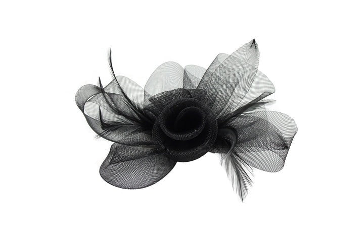 Folded Bow Fascinator with Tipped Feathers in Black - svnx