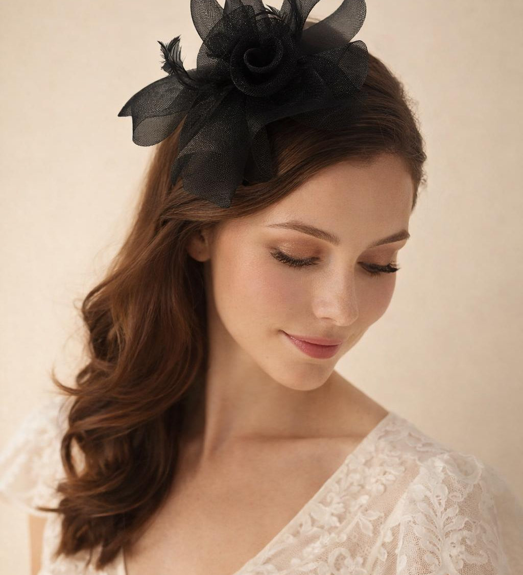 Folded Bow Fascinator with Tipped Feathers in Black - svnx