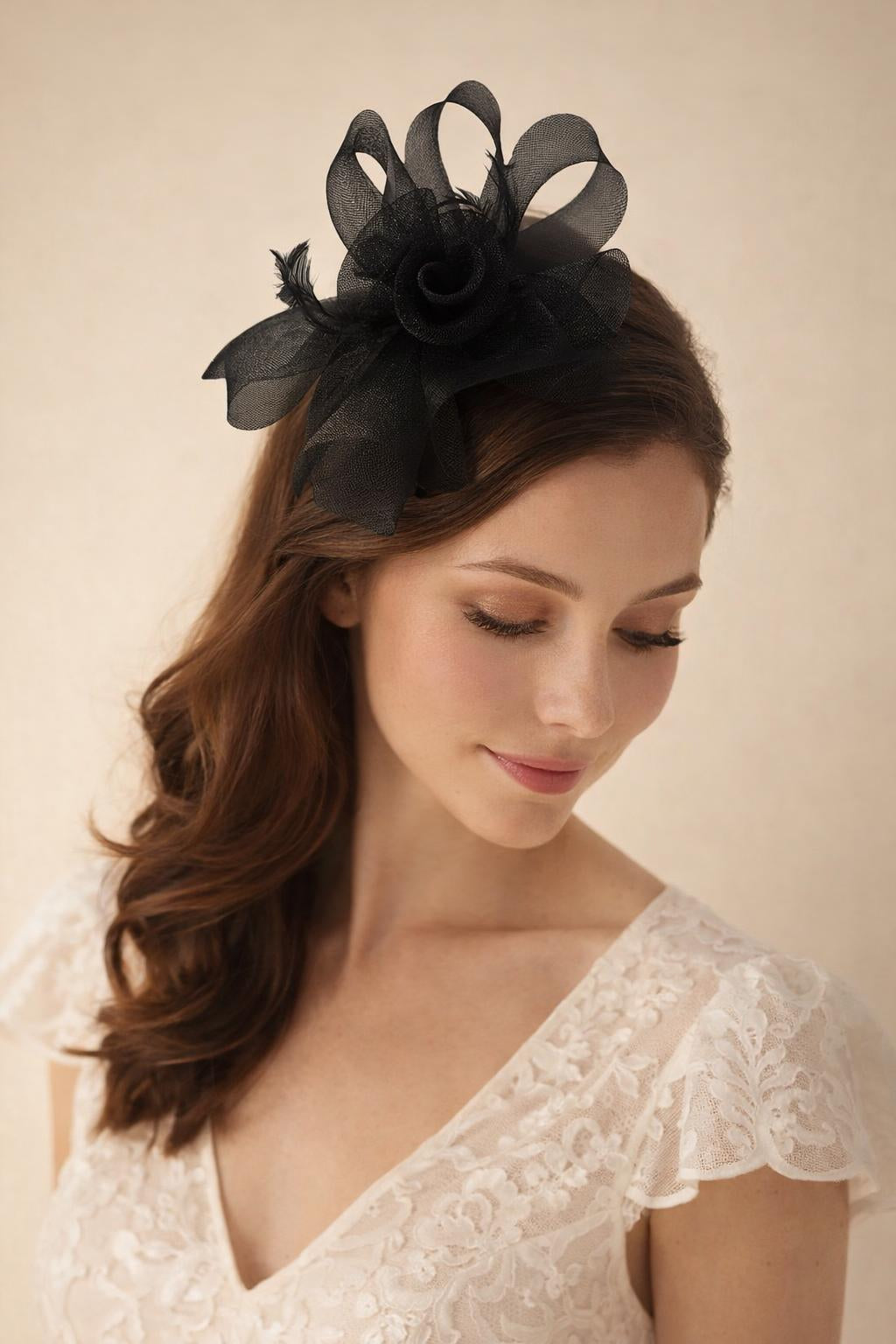 Folded Bow Fascinator with Tipped Feathers in Black - svnx