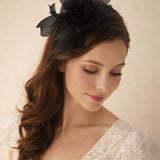 Folded Bow Fascinator with Tipped Feathers in Black - svnx