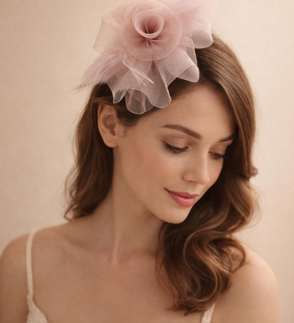 Folded Bow Fascinator with Tipped Feathers in Pink - svnx