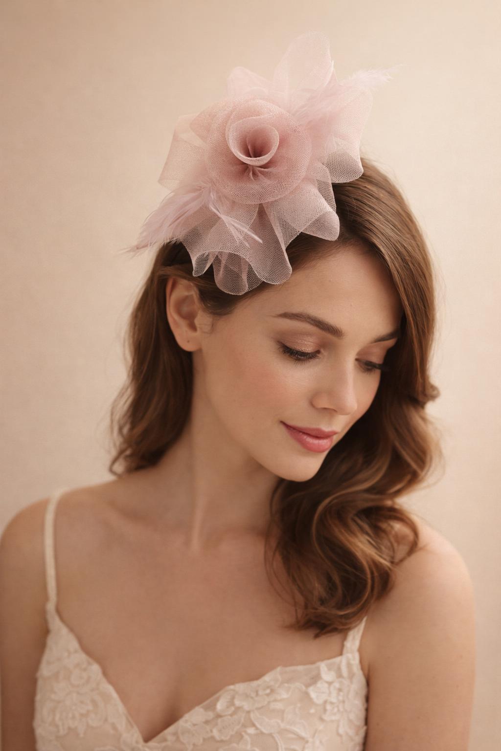 Folded Bow Fascinator with Tipped Feathers in Pink - svnx