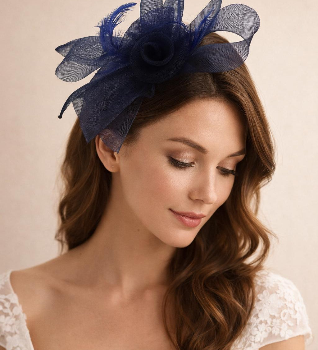 Folded Bow Fascinator with Tipped Feathers in Navy - svnx