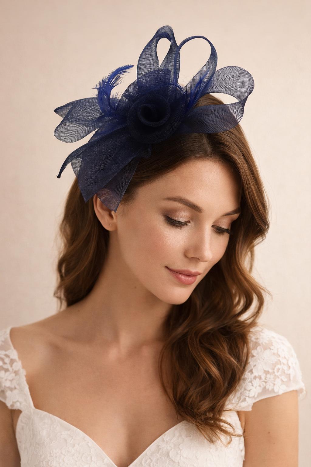Folded Bow Fascinator with Tipped Feathers in Navy - svnx