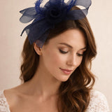 Folded Bow Fascinator with Tipped Feathers in Navy - svnx