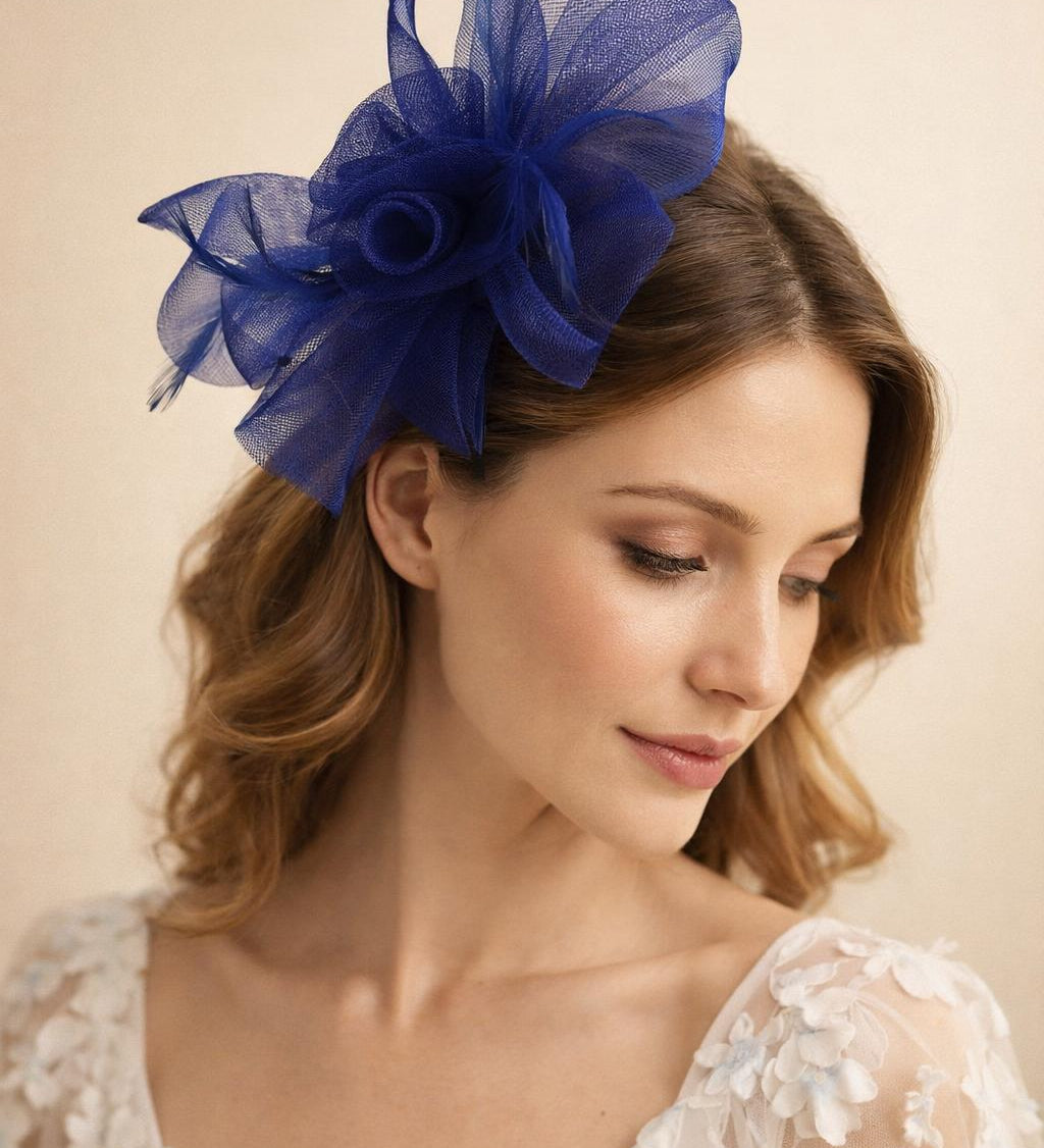 Folded Bow Fascinator with Tipped Feathers in Royal Blue - svnx
