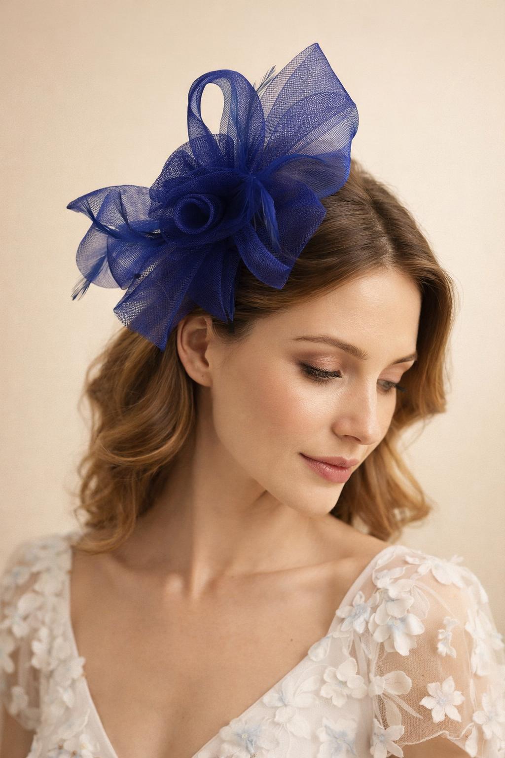 Folded Bow Fascinator with Tipped Feathers in Royal Blue - svnx