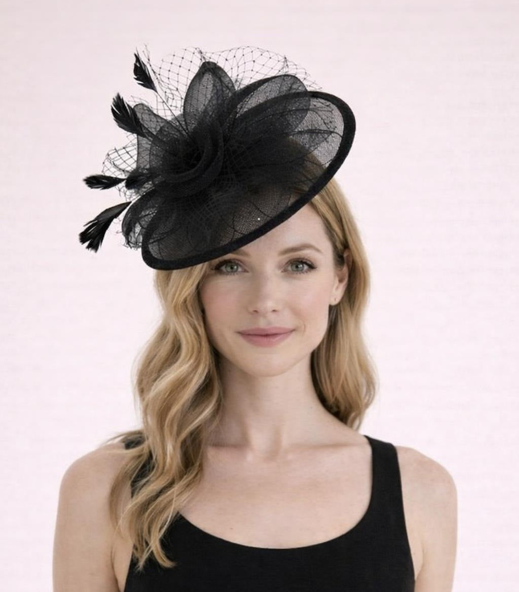 Floral Bow Mesh Detailing Fascinator in Black - svnx