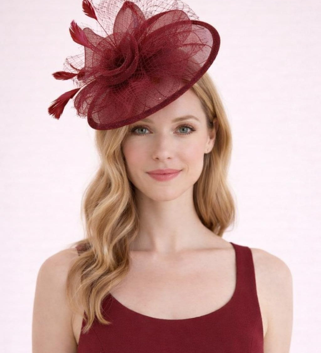 Floral Bow Mesh Detailing Fascinator in Maroon - svnx