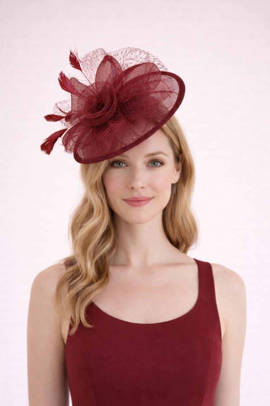 Floral Bow Mesh Detailing Fascinator in Maroon - svnx