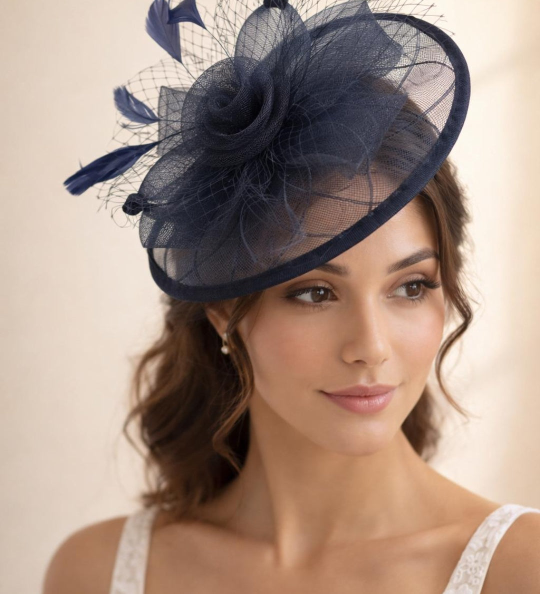 Floral Bow Mesh Detailing Fascinator in Navy - svnx