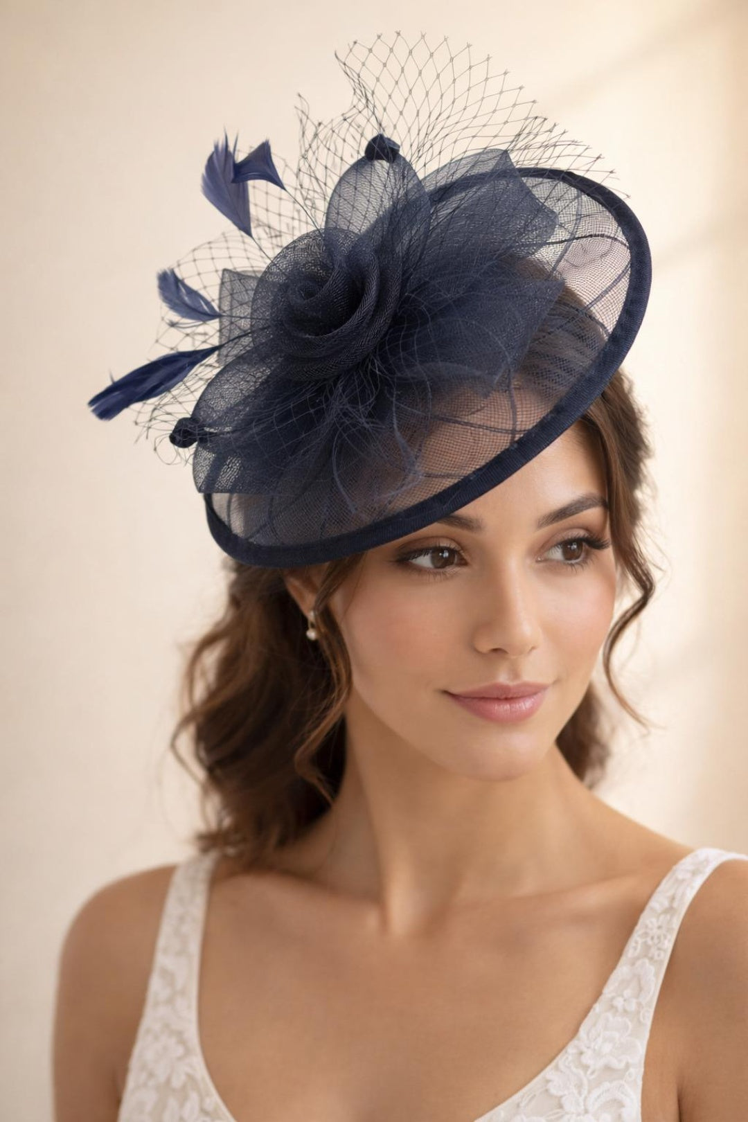 Floral Bow Mesh Detailing Fascinator in Navy - svnx