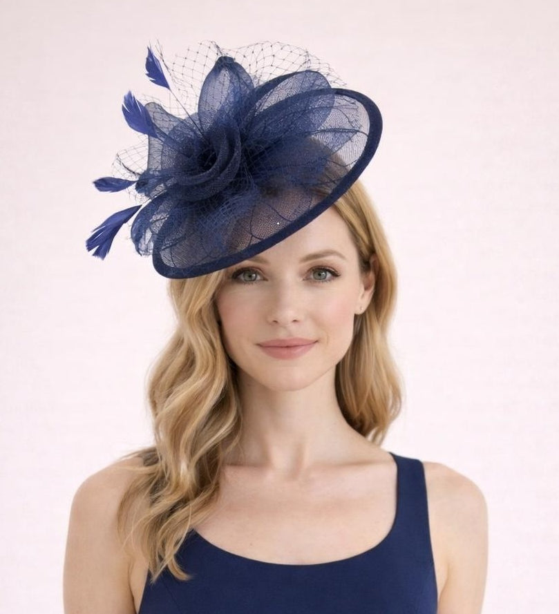Floral Bow Mesh Detailing Fascinator in Navy - svnx