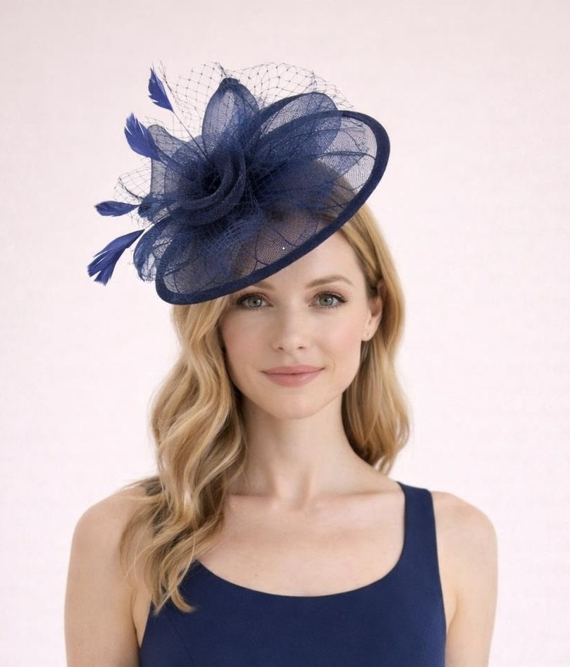 Floral Bow Mesh Detailing Fascinator in Navy - svnx