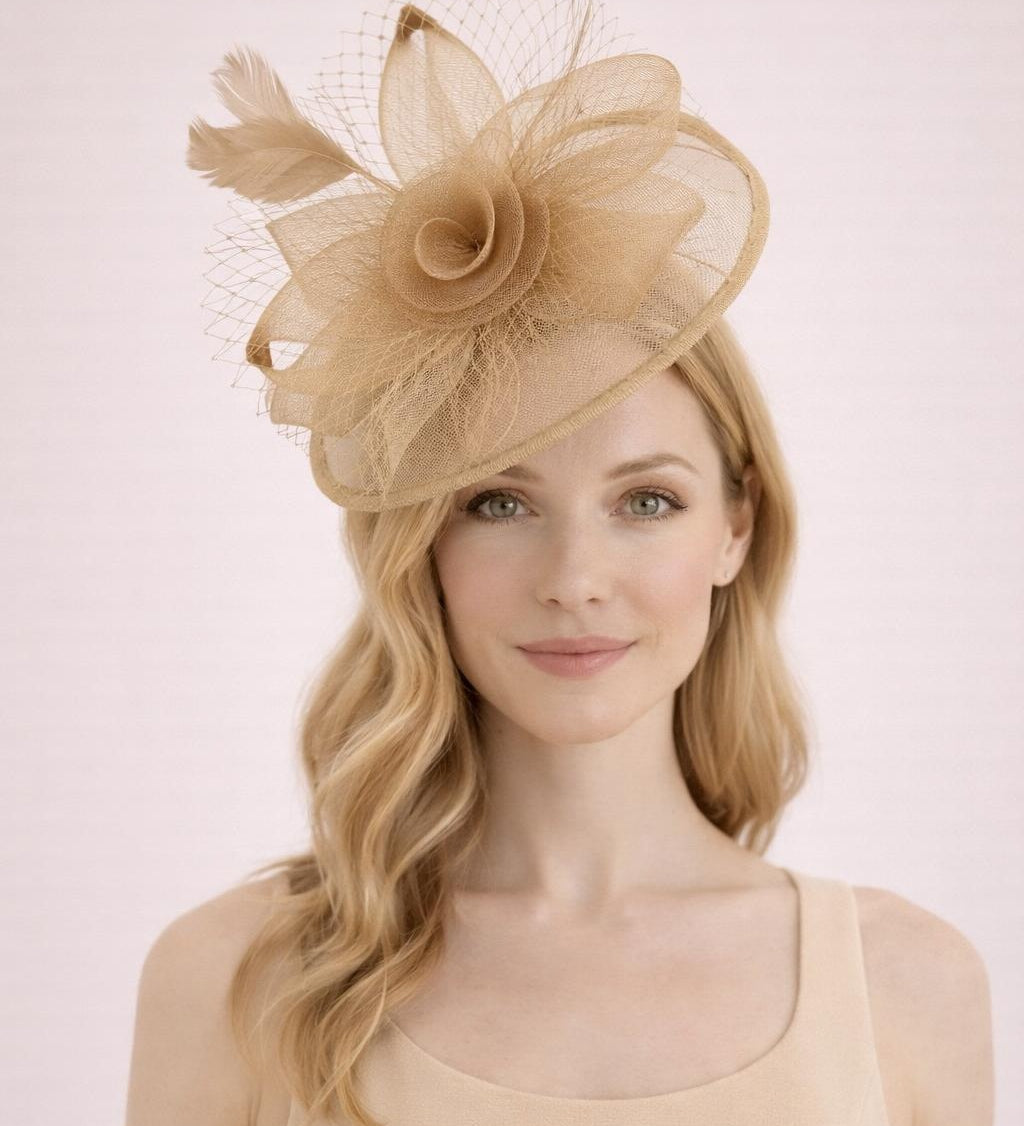 Floral Bow Mesh Detailing Fascinator in Beige - svnx