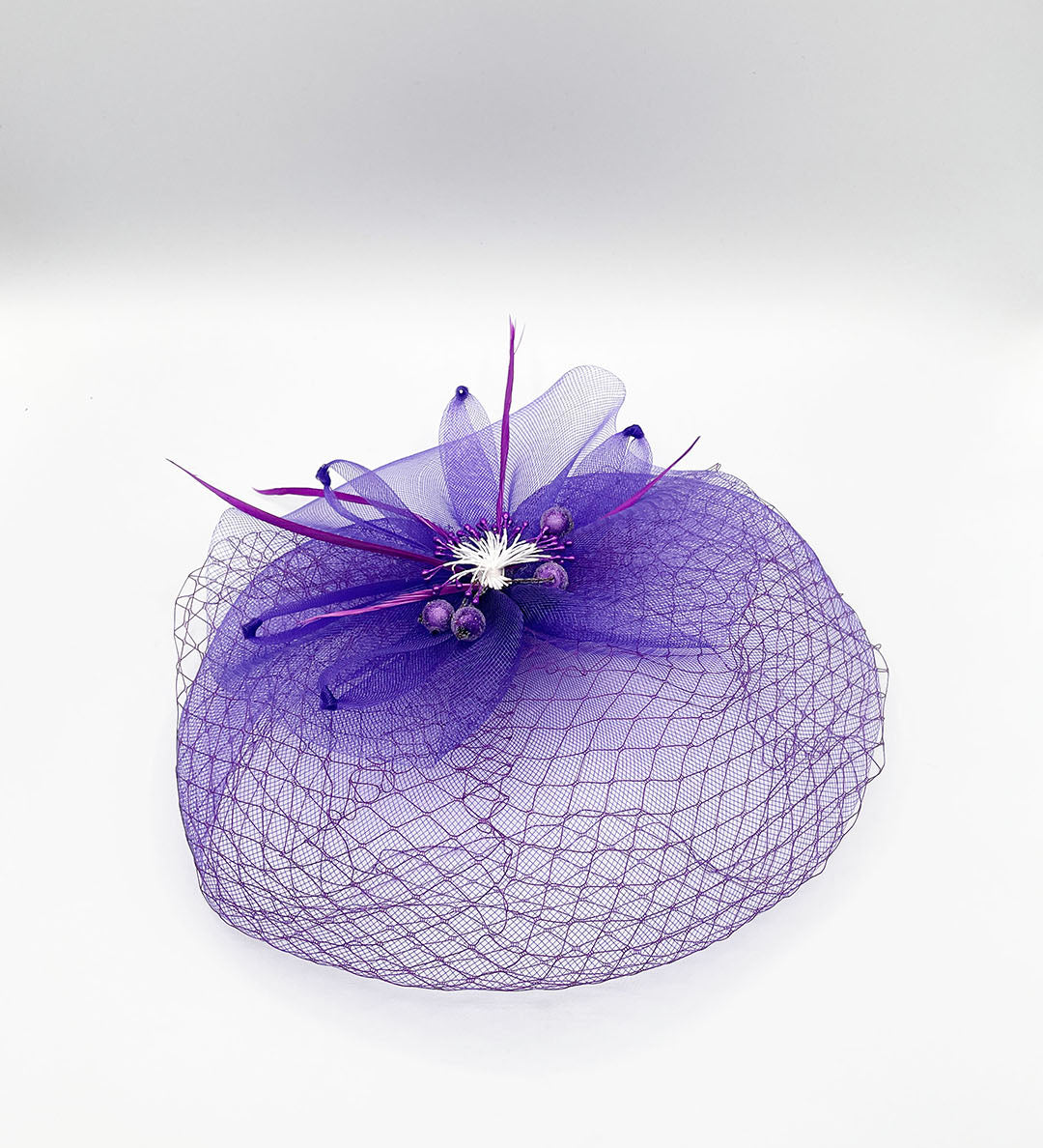 Feather Bloom Mesh Fascinator in Purple