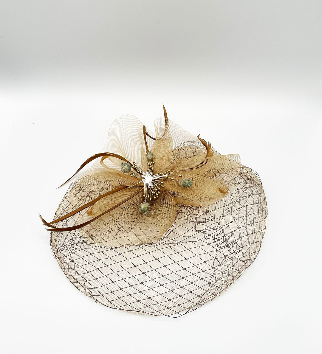 Feather Bloom Mesh Fascinator in Gold