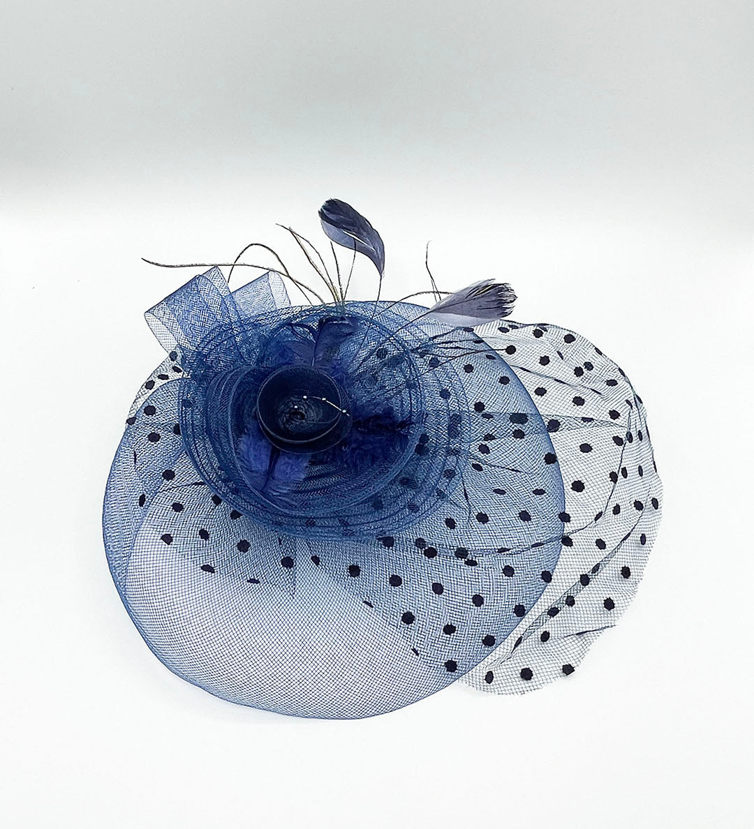 Feather & Polka Veil Fascinator in Navy