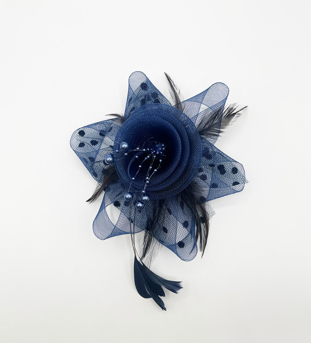 Rosette Faux Pearl & Polka Veil Feather Fascinator in Navy and Black