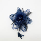 Rosette Faux Pearl & Polka Veil Feather Fascinator in Navy and Black