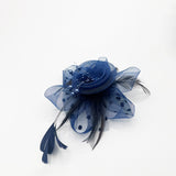 Rosette Faux Pearl & Polka Veil Feather Fascinator in Navy and Black