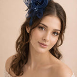 Rosette Faux Pearl & Polka Veil Feather Fascinator in Navy and Black