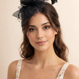 Rosette Faux Pearl & Polka Veil Feather Fascinator in Black